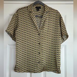 House of Harlow 1960 Gold & Blue Geometric Print Satin Blouse - Size XS